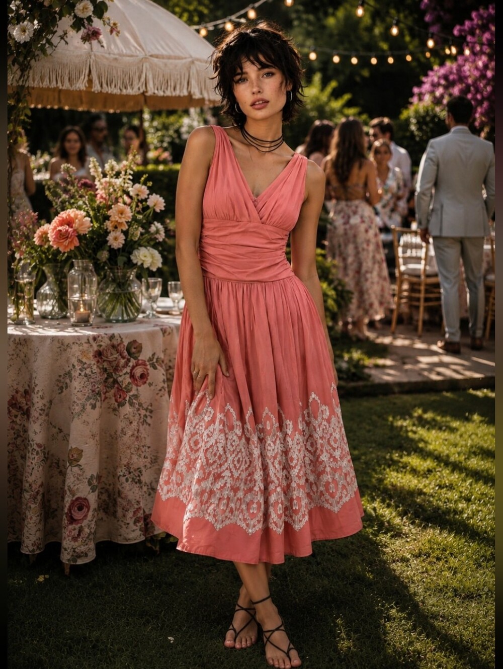 S.L. Fashions Coral Pink Cotton V‑Neck Embroidered A-Line Dress